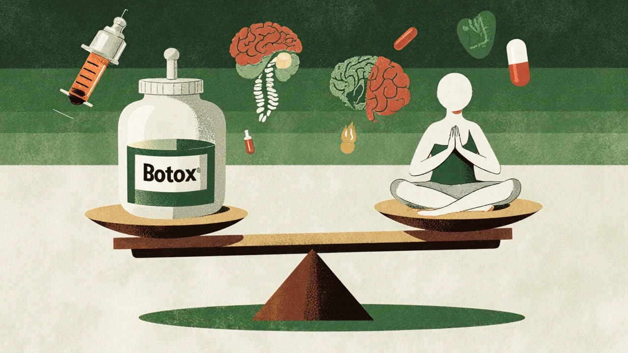 A balanced scale between Botox injection and yoga hands, with medical and holistic treatment icons around it