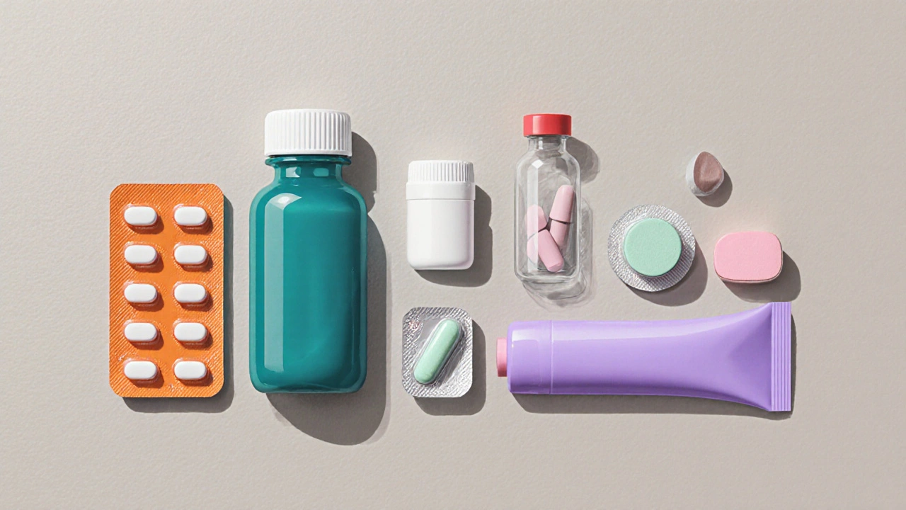 Arrangement of various pain‑relief meds: ibuprofen, naproxen, acetaminophen, celecoxib, diclofenac gel, morphine, meloxicam.