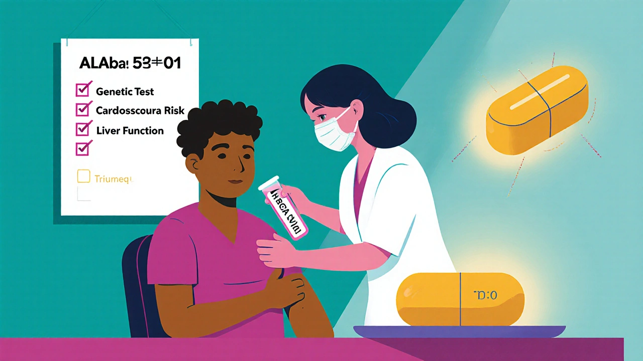 Cartoon patient getting HLA‑B*57:01 test with a single‑tablet Triumeq pill displayed nearby.
