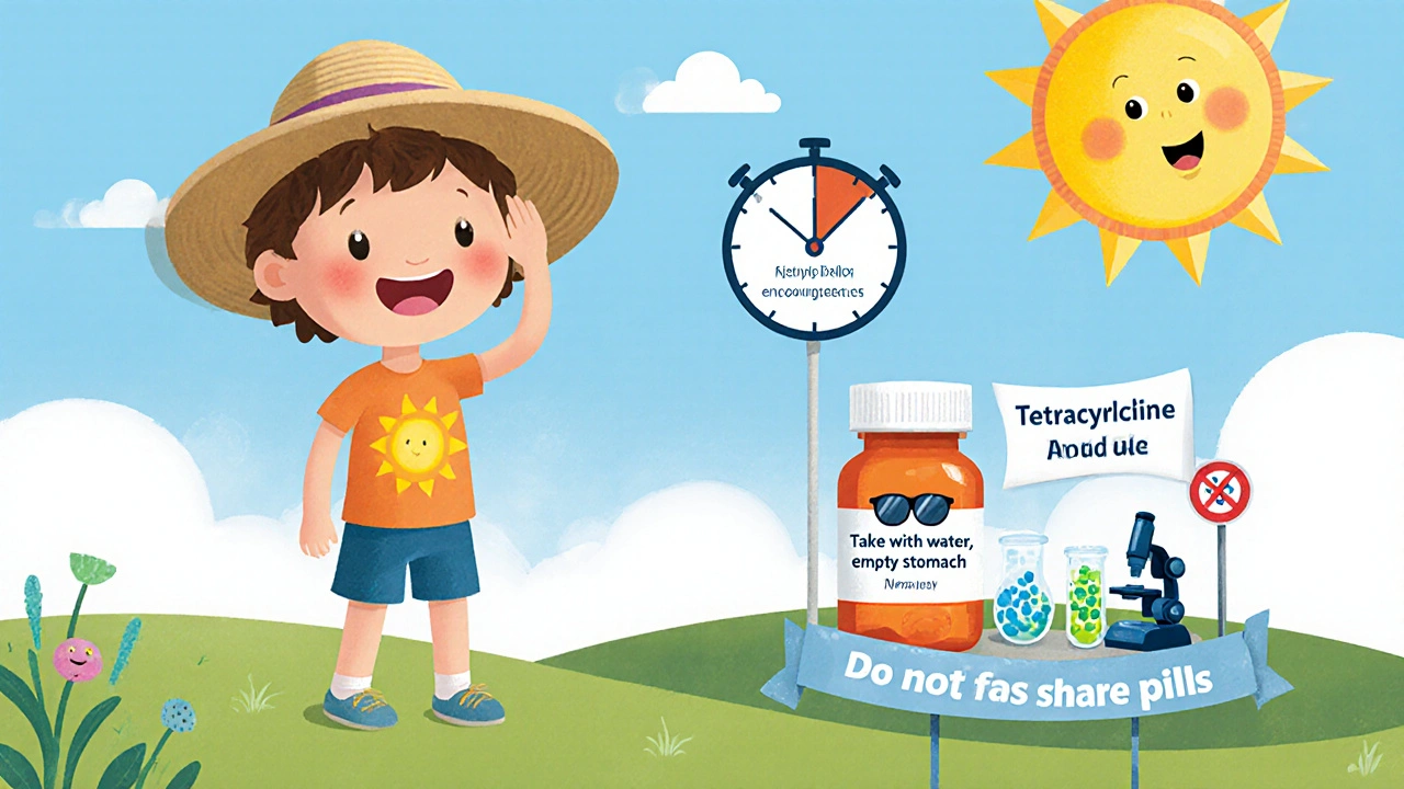 Child applying sunscreen, pill bottle with dosing reminder, lab microscope nearby.