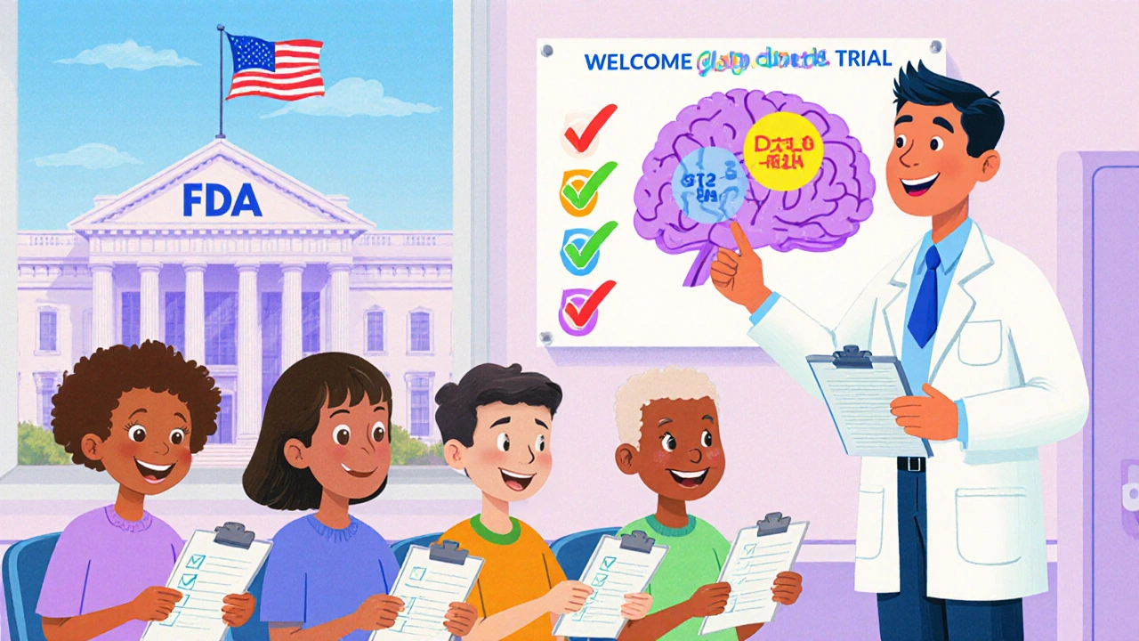 Clinical trial room with smiling participants and doctor explaining brain receptors.