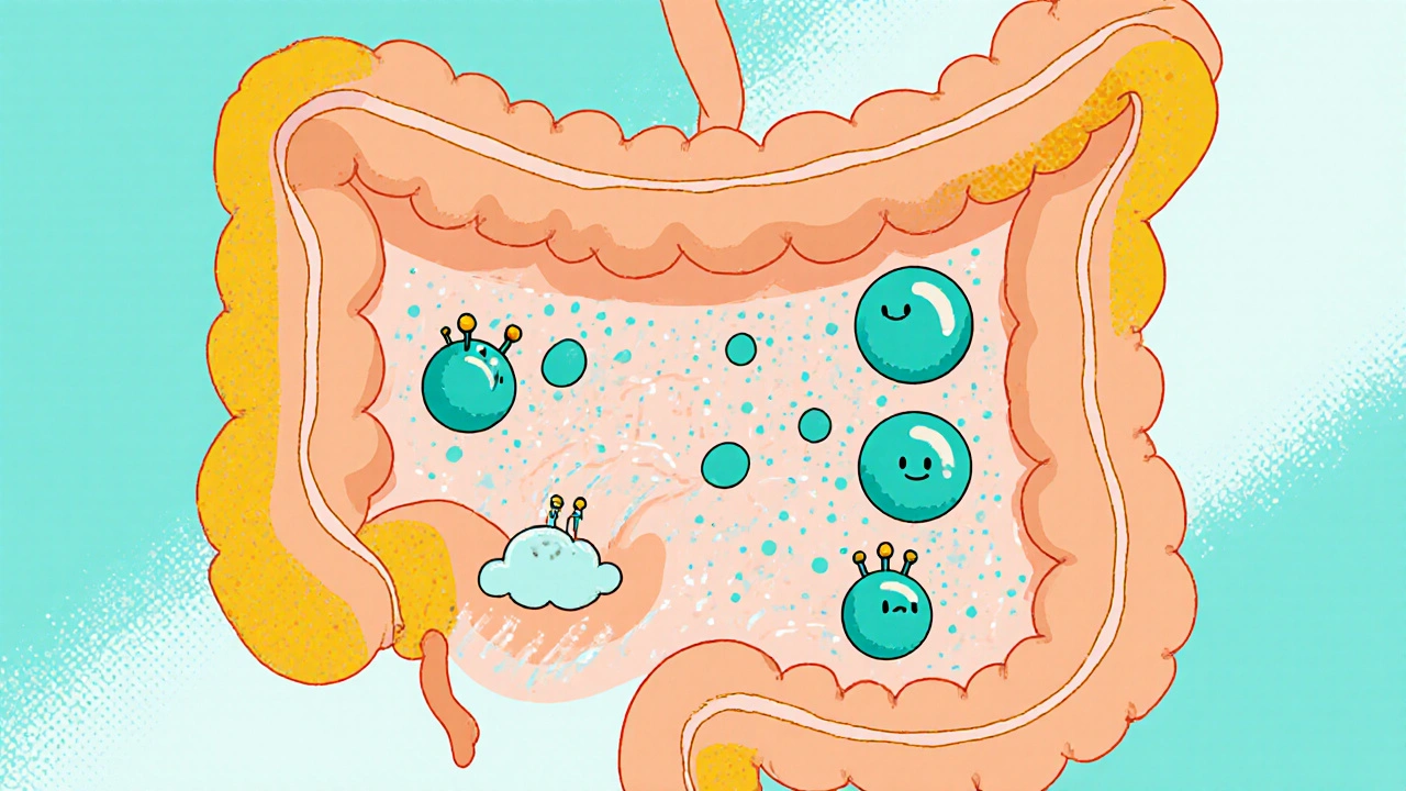 Cross‑section view of colon with cartoon bacteria fermenting lactulose and water swelling stool.