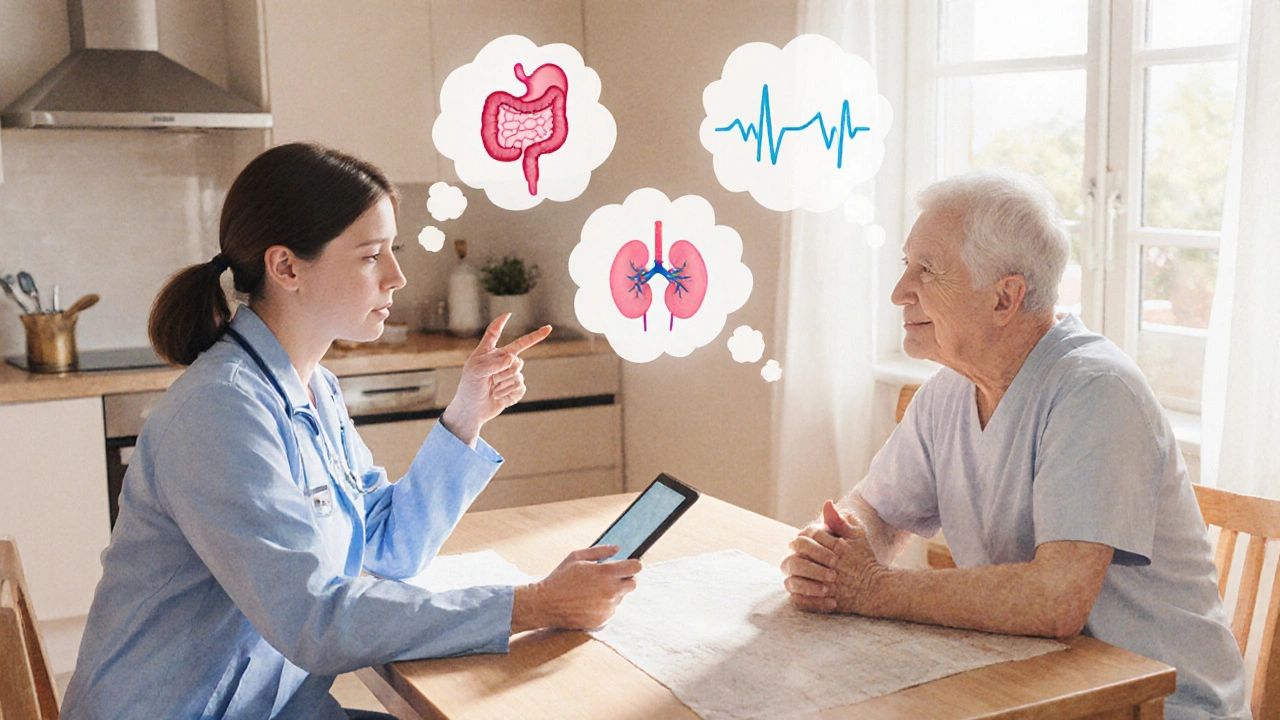 Doctor and patient discussing medication options with icons for stomach, kidney, and heart concerns.