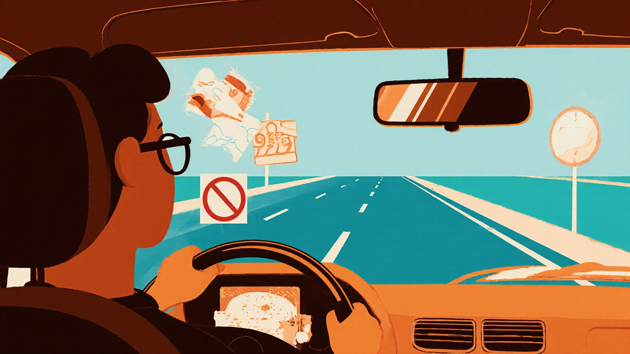 Driver uses windshield stickers and anti‑glare mirror while peripheral view is dim.