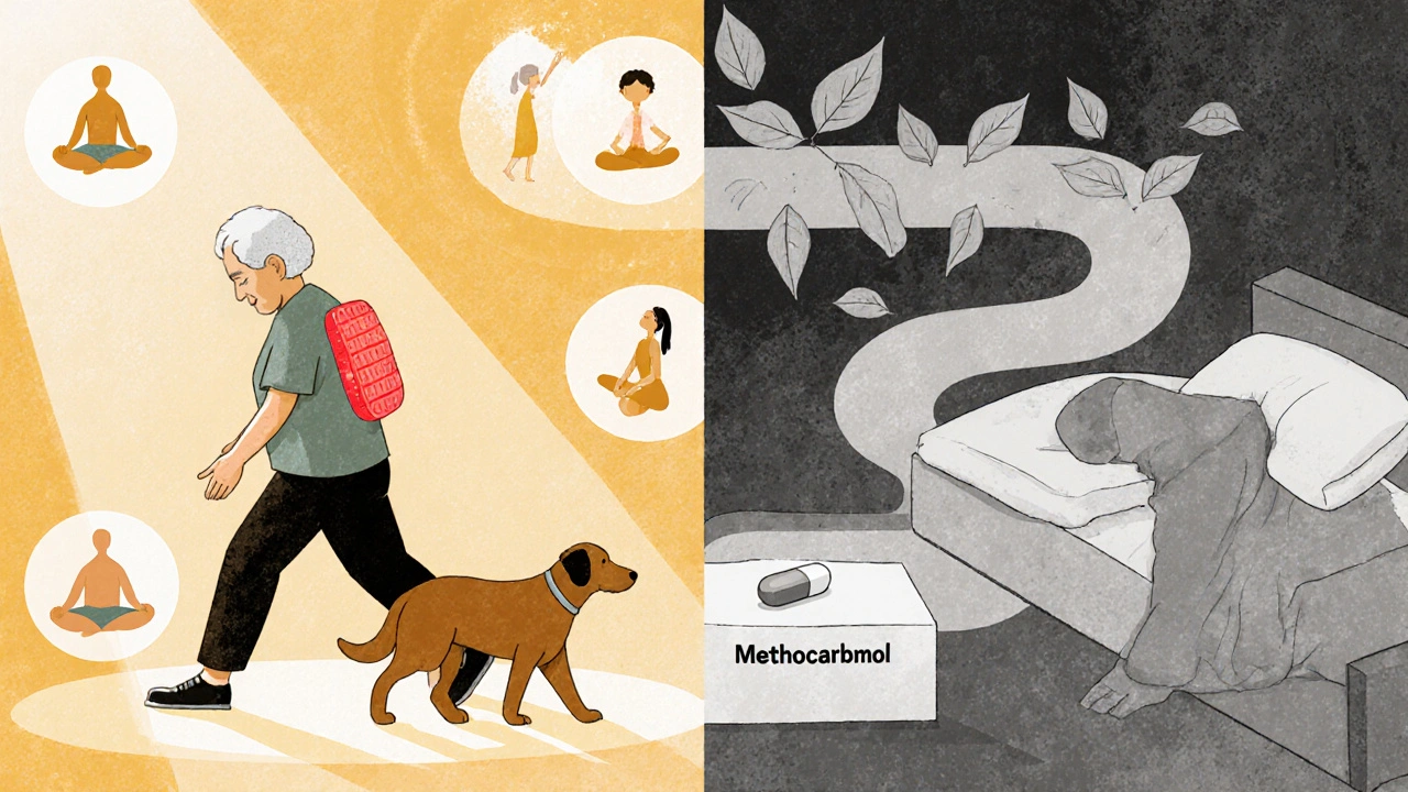 Elderly person stretching with heat pack beside a dog, while another sleeps peacefully with a mild muscle relaxant pill