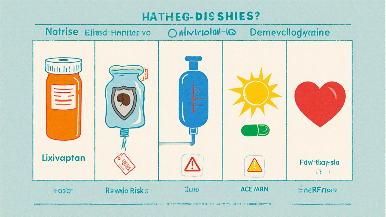 Five-column cartoon comparison of Natrise, Lixivaptan, Conivaptan IV, Demeclocycline, and ACE/ARB icons.