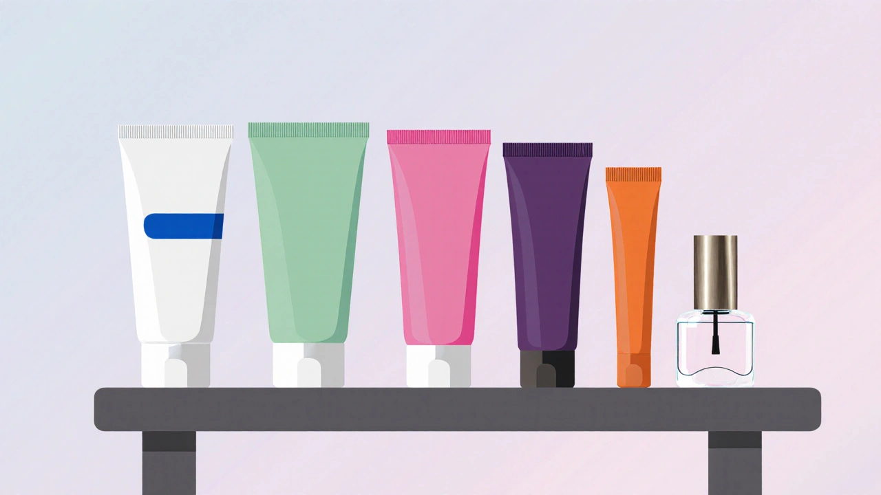 Flat illustration of six antifungal tubes and a nail lacquer bottle arranged on a bench.