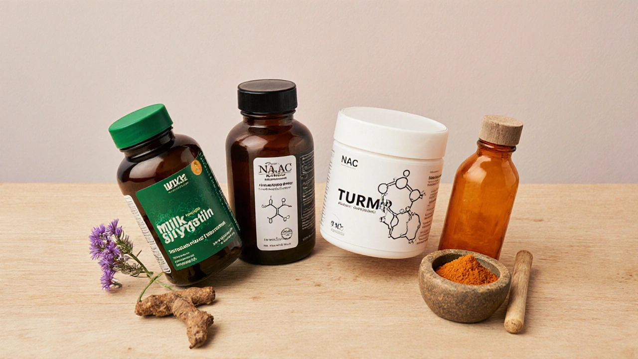 Flat‑lay of five liver supplement bottles with associated herb visuals.