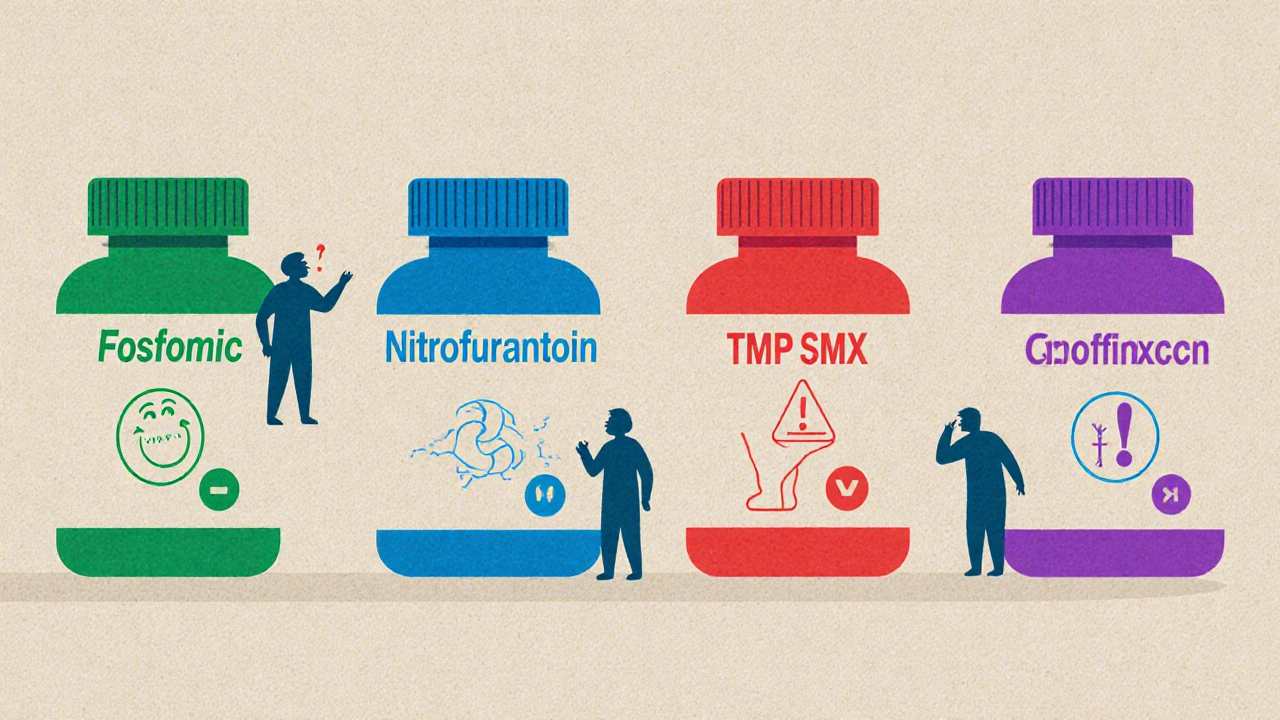 Four antibiotic bottles with color-coded halos and patient reactions in a stylized comparison.