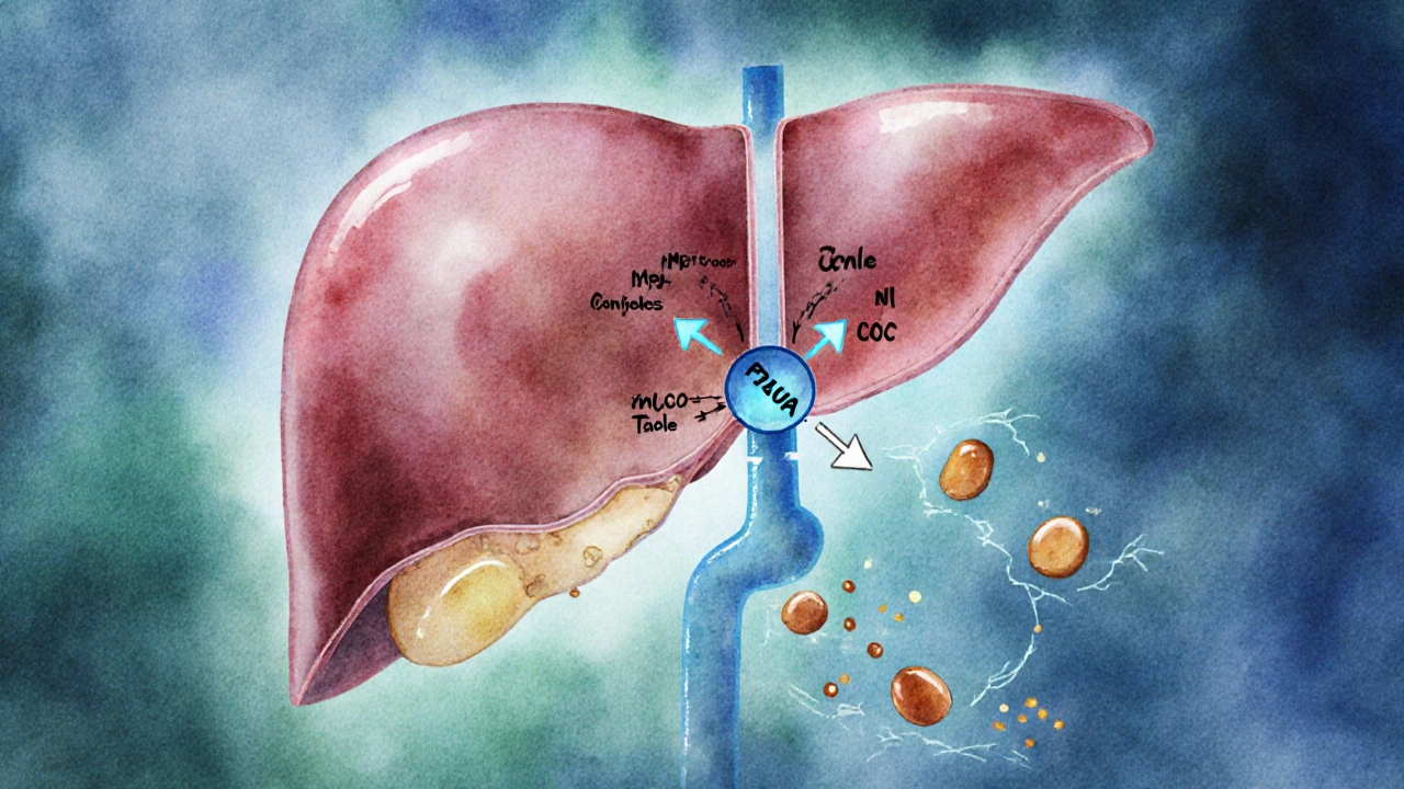 Illustration of a liver cell with pravastatin blocking HMG‑CoA reductase.