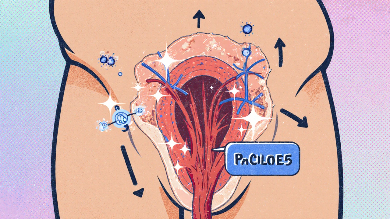 Illustration of blood vessels expanding in a penis with a tadalafil molecule blocking PDE5.