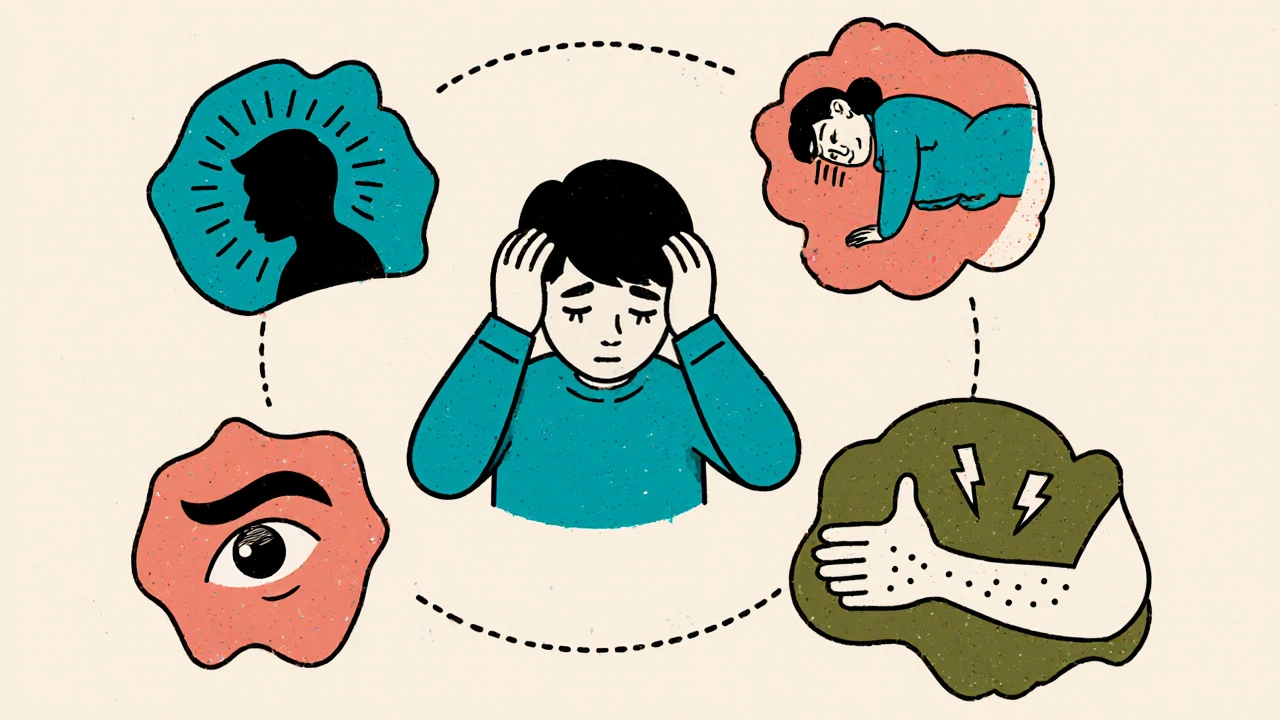 Illustration of common phenytoin withdrawal symptoms like seizures, headaches, and anxiety.