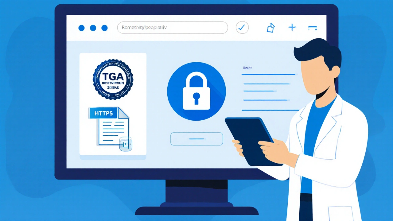 Illustration of online pharmacy screen showing TGA badge and pharmacist checking prescription.