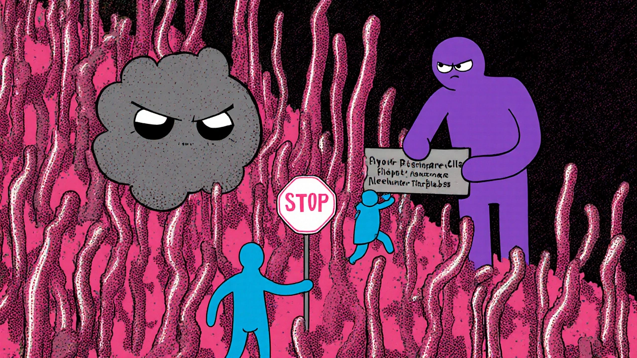Illustration showing fibroblast matrix and suppressor cells blocking T cells in the tumor microenvironment.