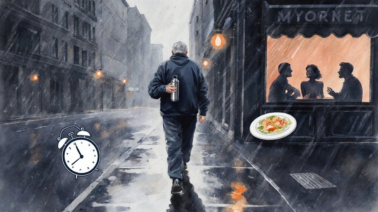 Individual walks alone in rainy city, showing fatigue, sleep, appetite cues, distant social scene.