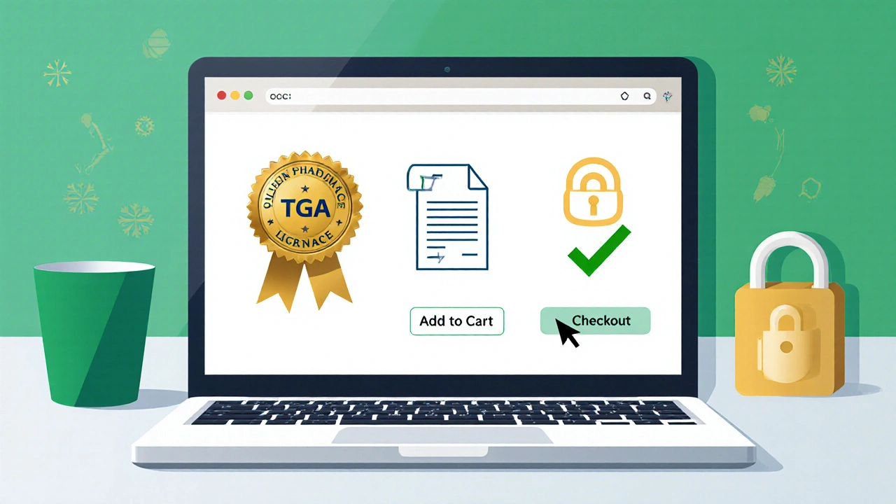 Laptop screen showing online pharmacy verification icons, a scanned prescription and a secure checkout symbol.