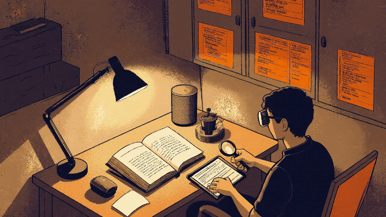 Living room with large‑print book, magnifier, bright lamp, and smart speaker.