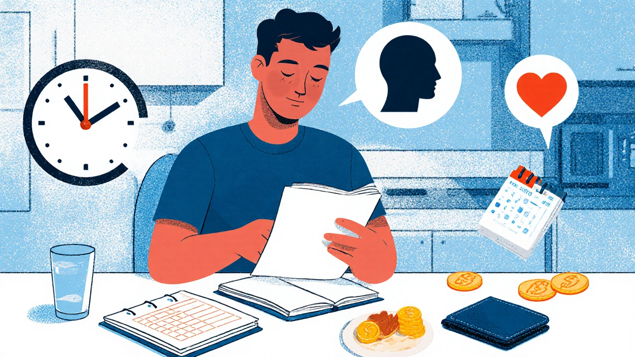 Man at a table surrounded by icons for timing, cost, side effects, and health.