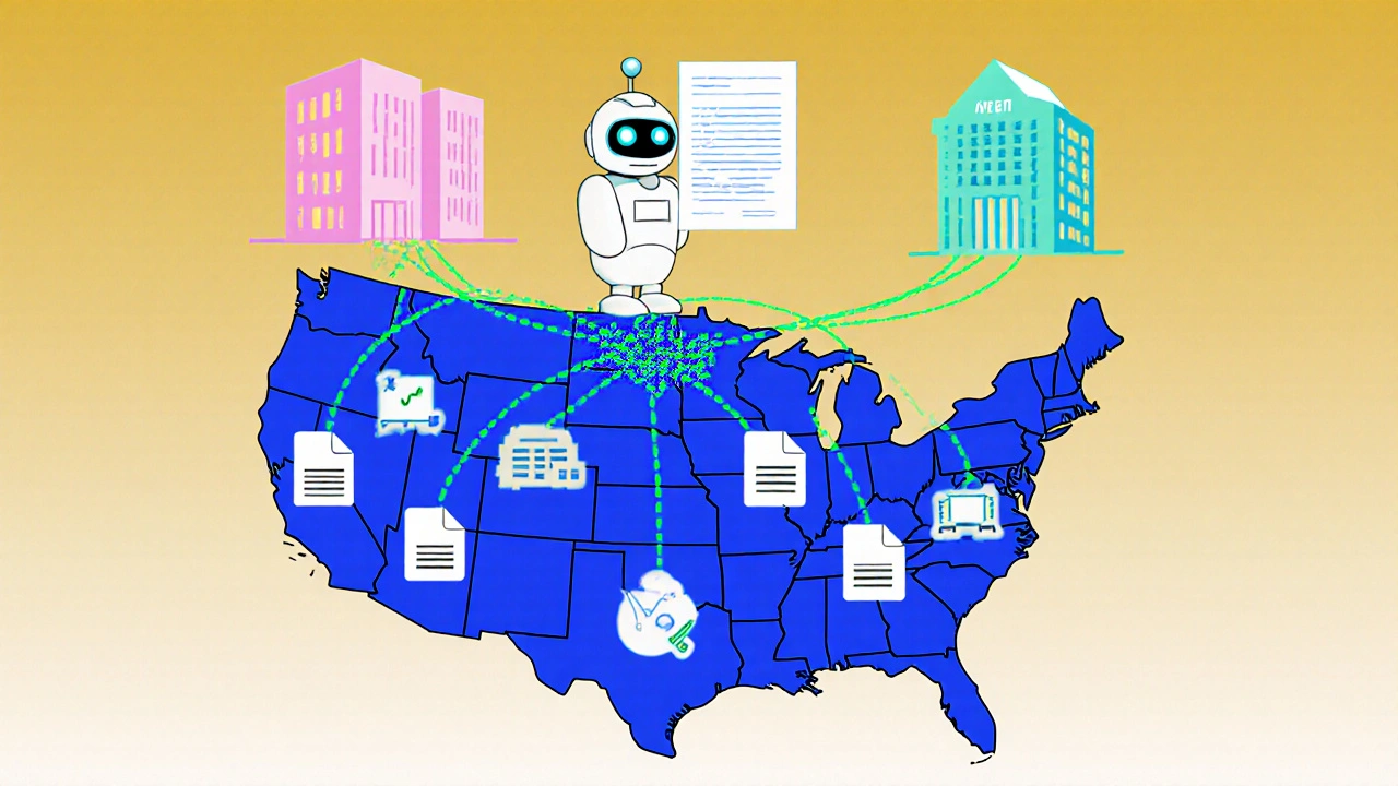 Map with data source icons flowing toward FDA and EMA buildings, assisted by an AI robot.