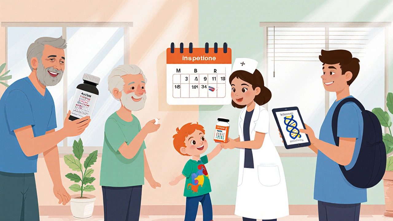 Modern treatment illustration with child, elderly patient, and DNA testing in cartoon style.