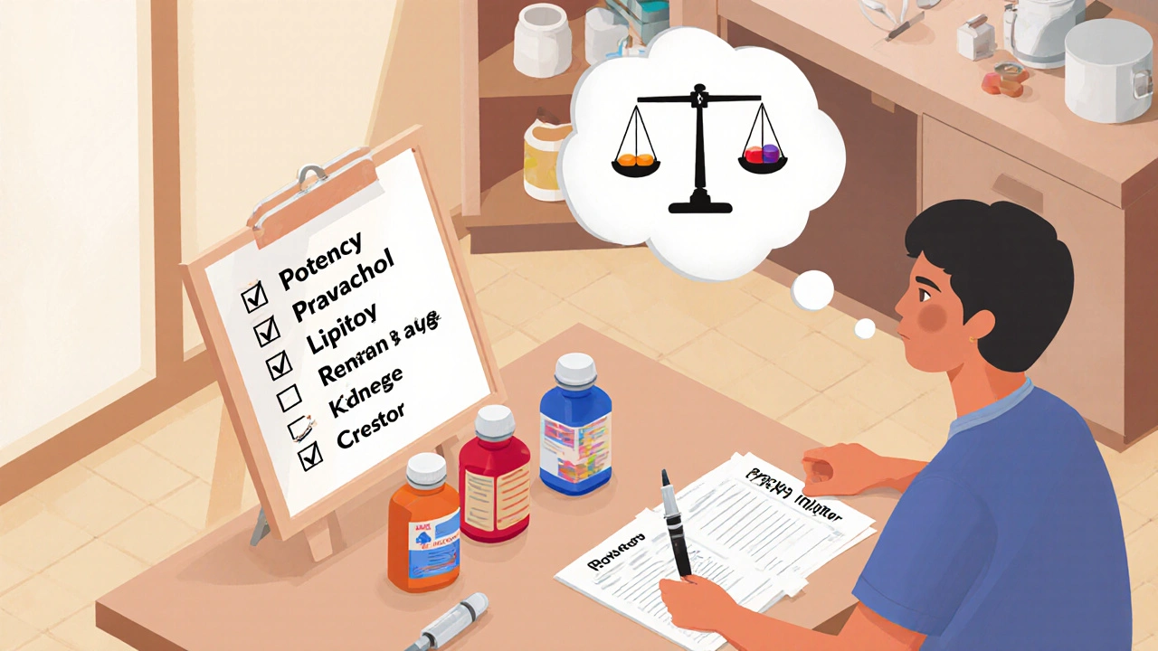 Patient at a table weighing medication options with a checklist and pill bottles.