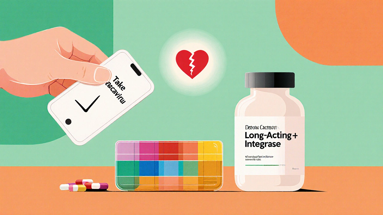 Patient checking phone alarm for medication beside a pill organizer and a glowing injectable depot.