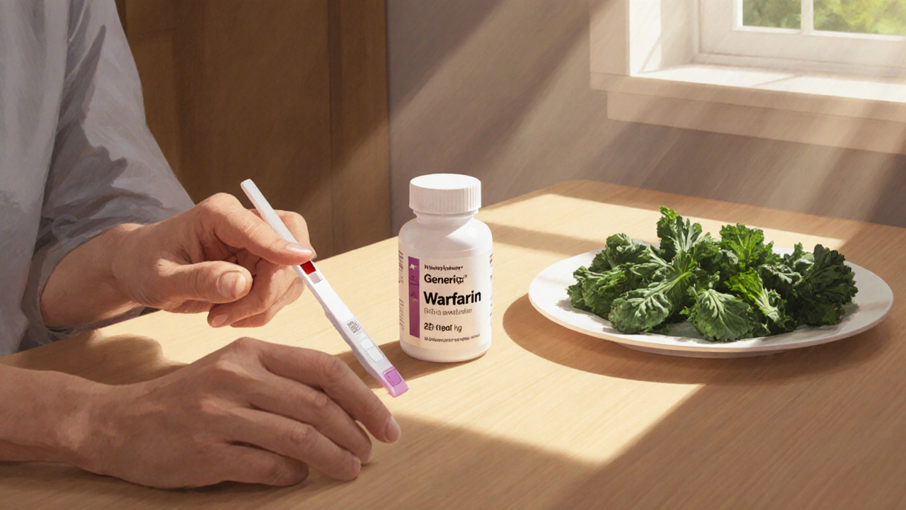 Patient holding warfarin bottle, blood test kit, and leafy greens, illustrating dose monitoring and food interactions.