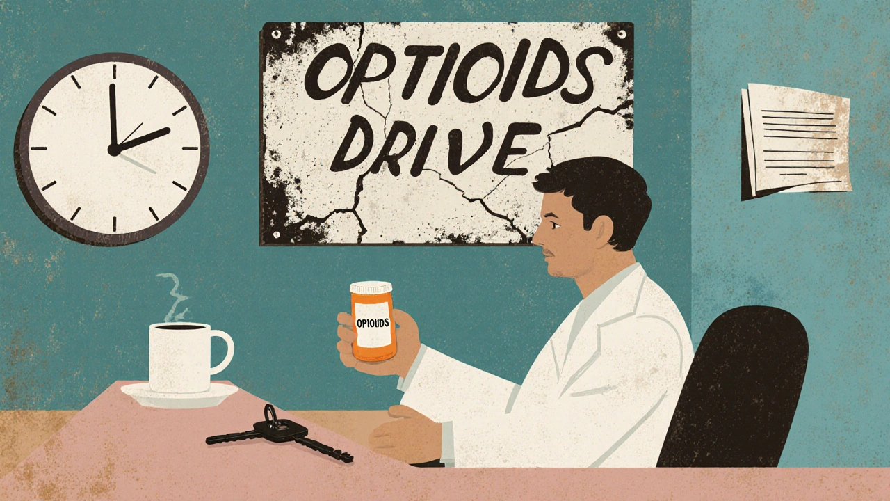 Patient receiving opioid prescription while a 'DO NOT DRIVE' warning looms over them in a doctor's office.