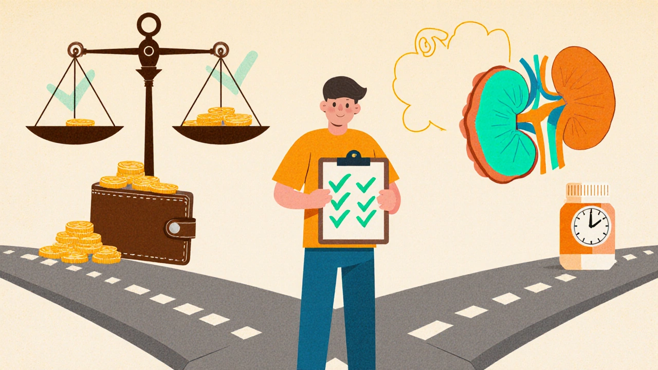 Person at a crossroads holding a checklist, scales balancing wallet and clock, kidney icon, and nausea swirl.
