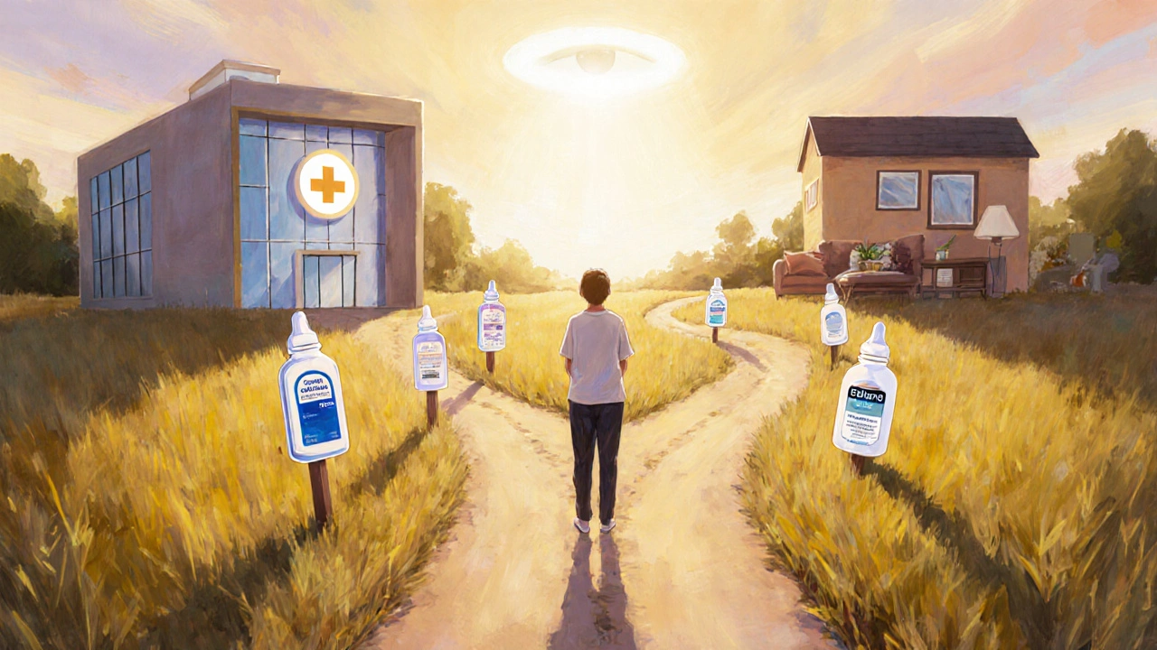 Person at a forked path with eye‑drop bottles as signposts, showing treatment choices.
