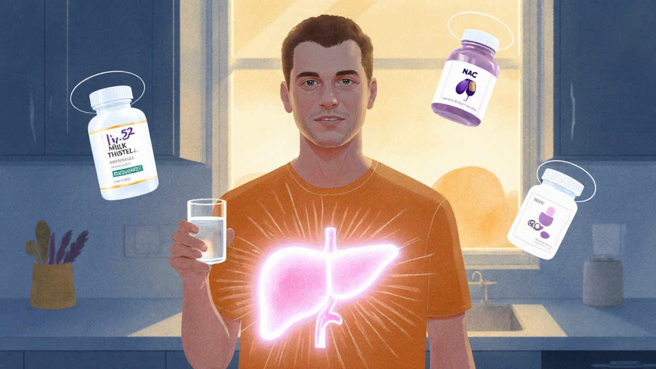 Person with glowing healthy liver and floating supplement silhouettes.