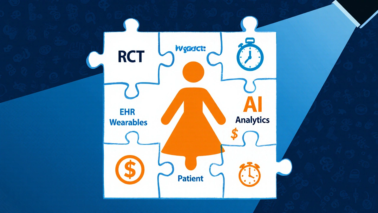 Puzzle pieces labeled RCT, EHR, wearables, and AI forming a patient silhouette with cost and time icons.