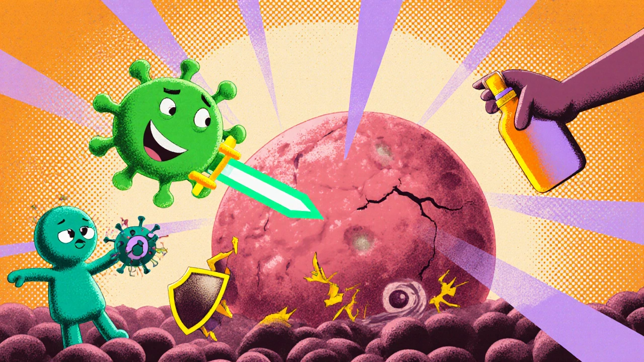Risograph-style scene depicting combined immunotherapy attacks on pancreatic cancer.