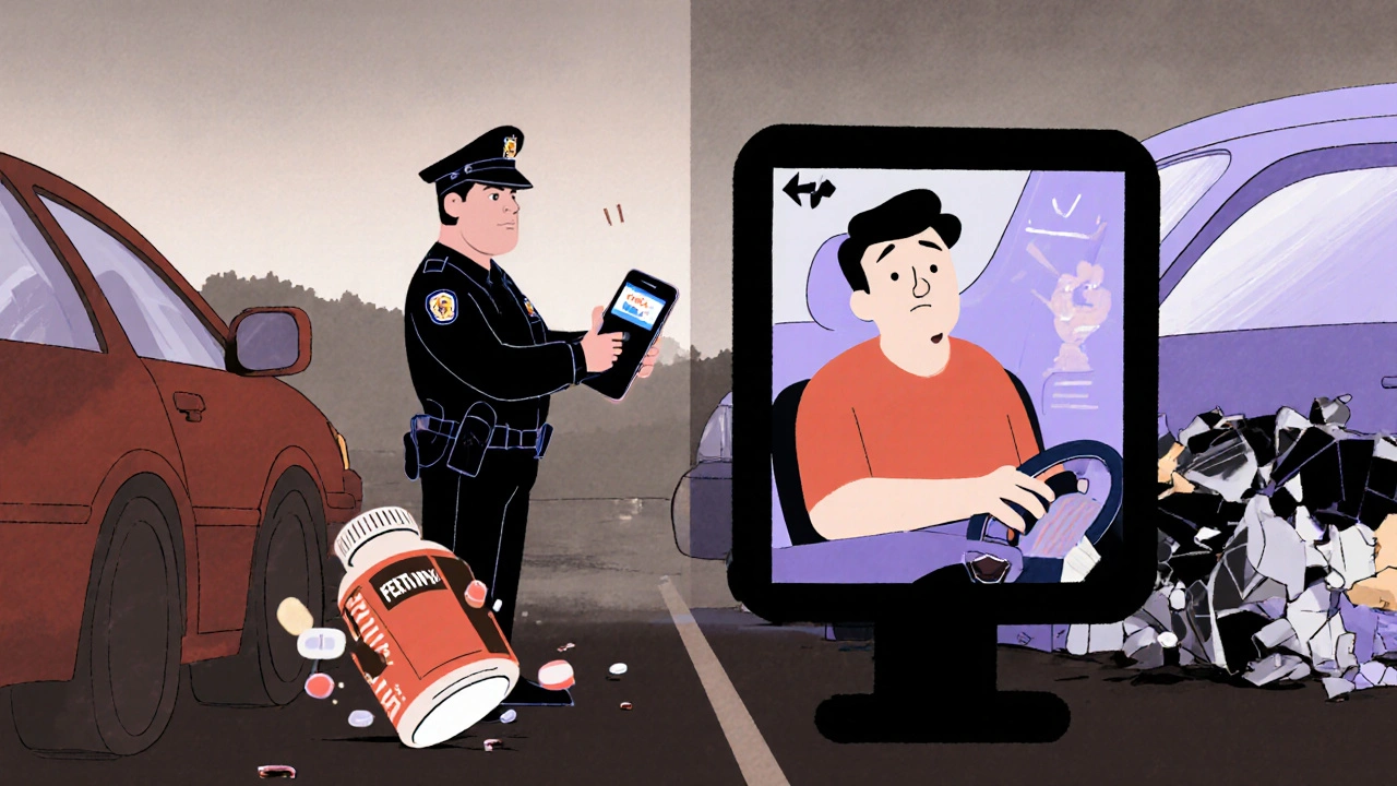 Roadside drug test at dawn, driver shocked as prescription bottle falls, split-screen shows safe vs. crashed car.