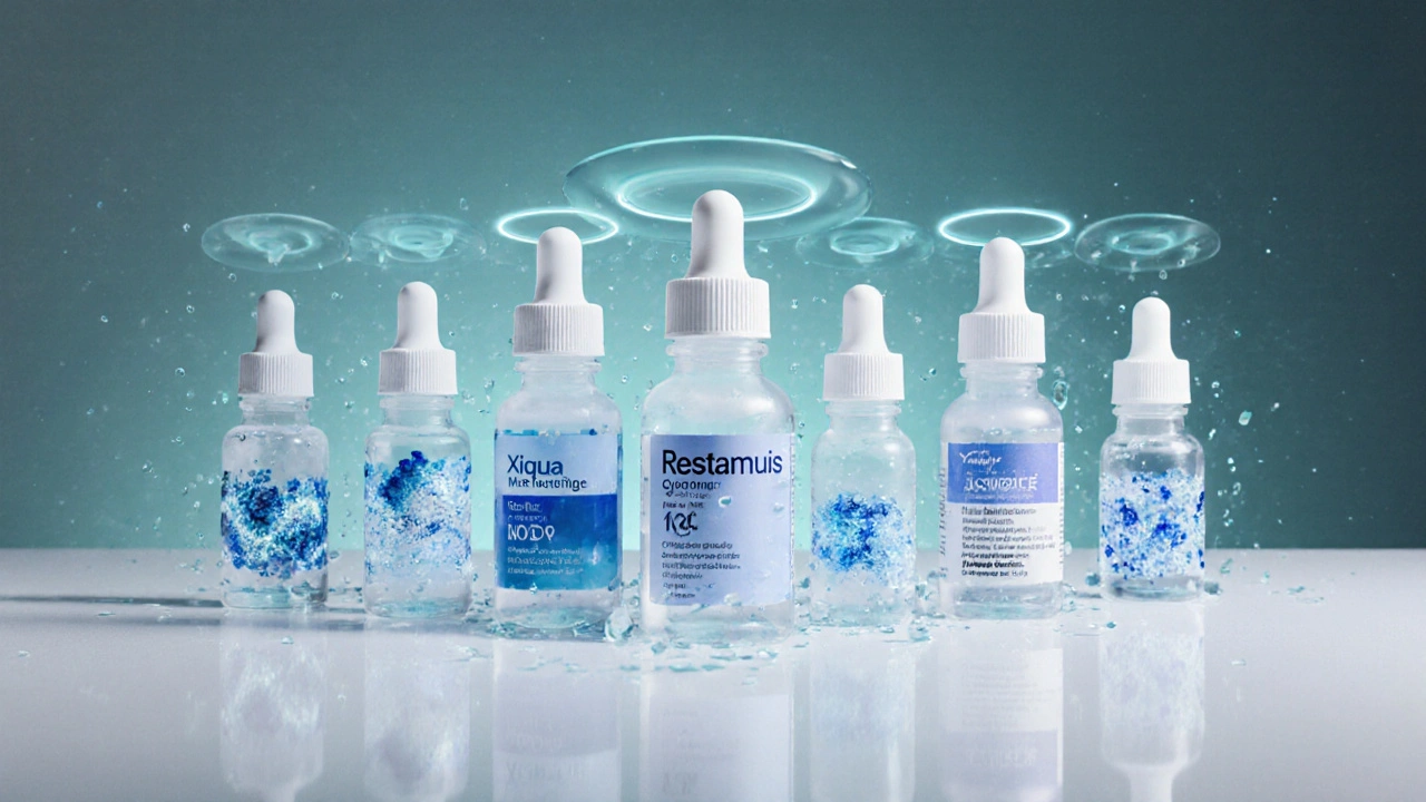 Six eye‑drop bottles on a surface, each surrounded by visual cues of their action.