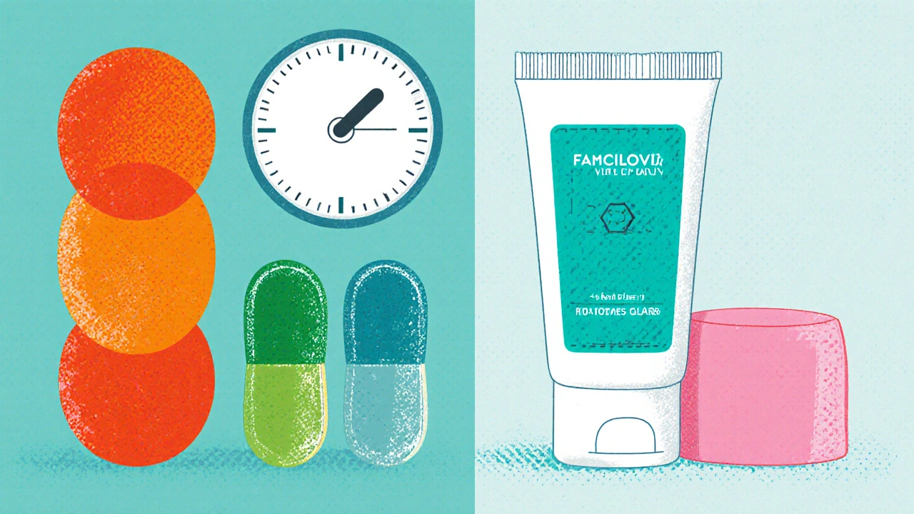 Split view of valacyclovir and famciclovir tablets beside penciclovir cream and docosanol balm with clock icons.