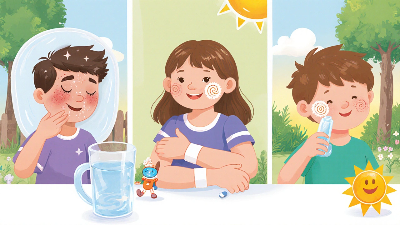 Teen with acne, girl with cellulitis, child with impetigo, all shown with care items.