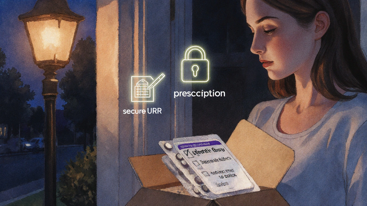 Woman receiving a delivery box with generic estrogen tablets, checklist icons floating nearby.