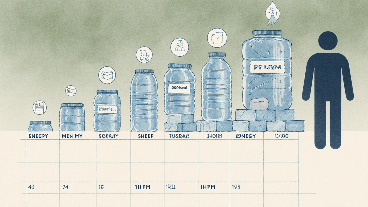 A 12-week progress visual showing water bottles stacking beside a shrinking silhouette.