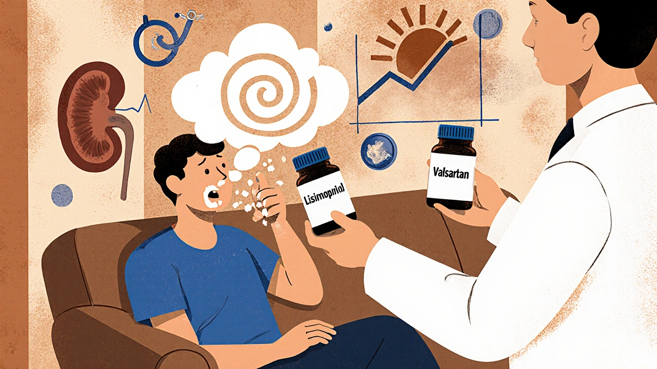 A patient coughing beside two pill bottles, one broken and one peaceful, in risograph illustration style.