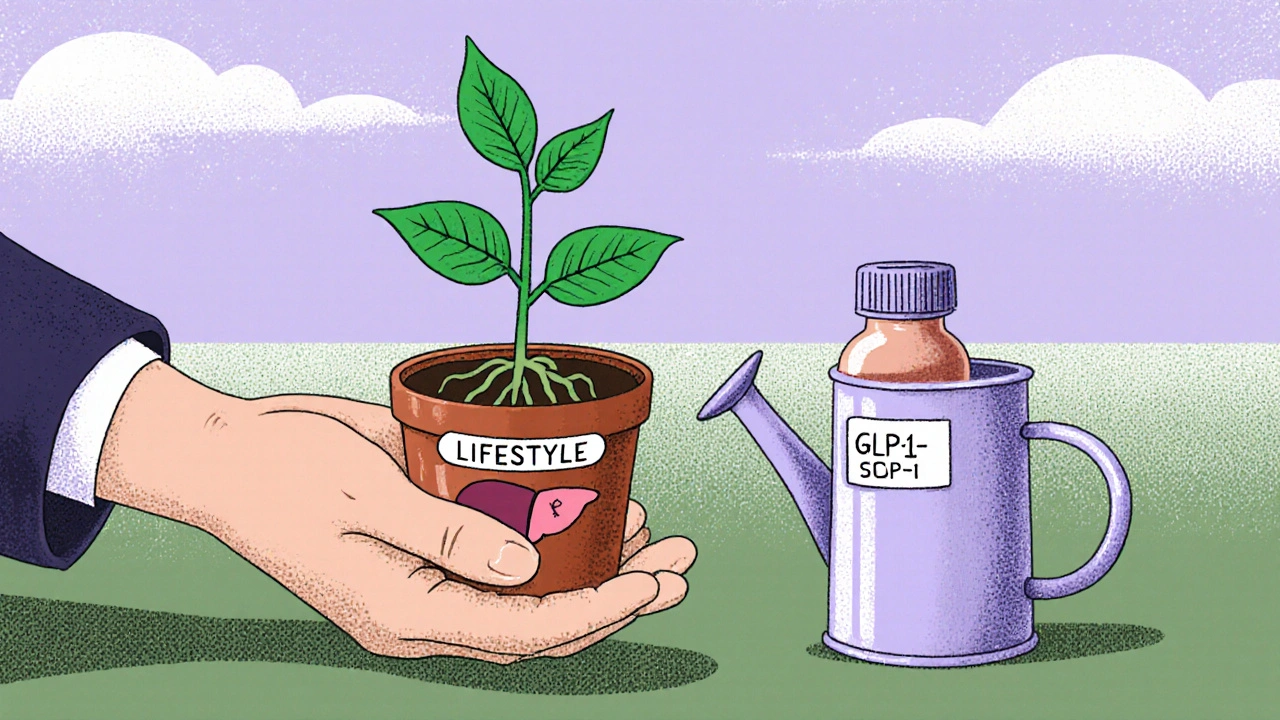A person nurturing a health plant growing from a pill bottle, symbolizing long-term metabolic wellness.