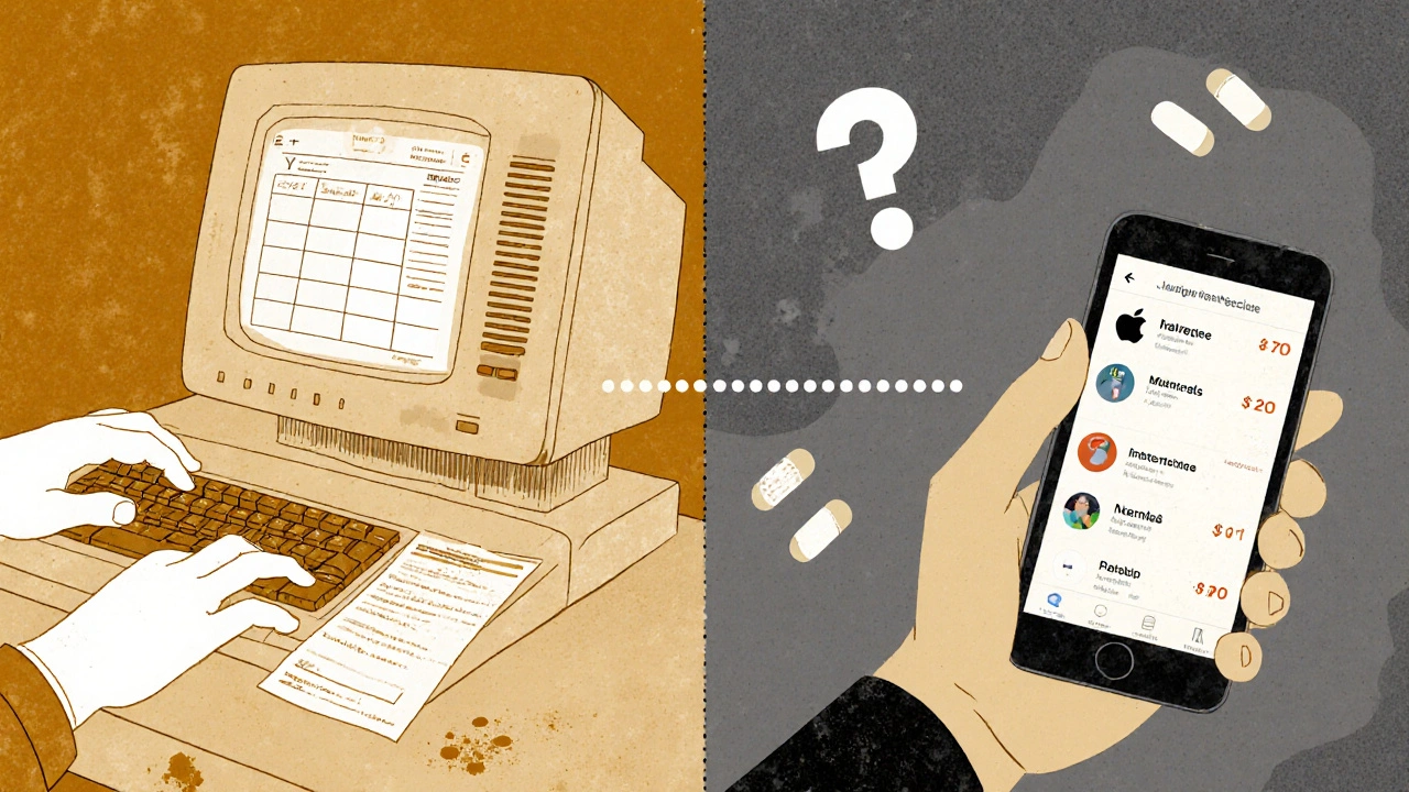 A pharmacist typing on an old computer while a smartphone syncs medication data, with missing pills between the two worlds.