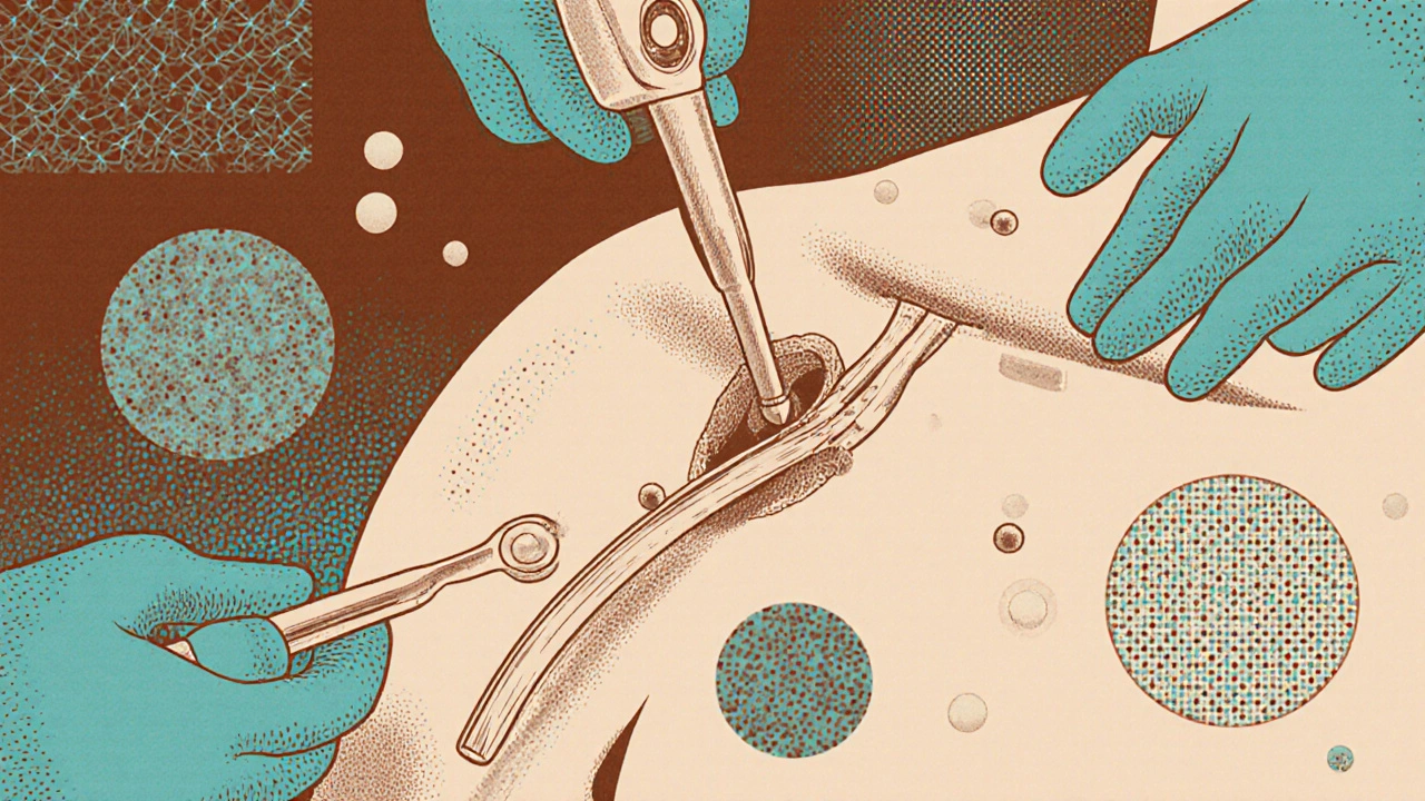 Arthroscopic shoulder repair with surgical tools and AI elements in risograph print aesthetic
