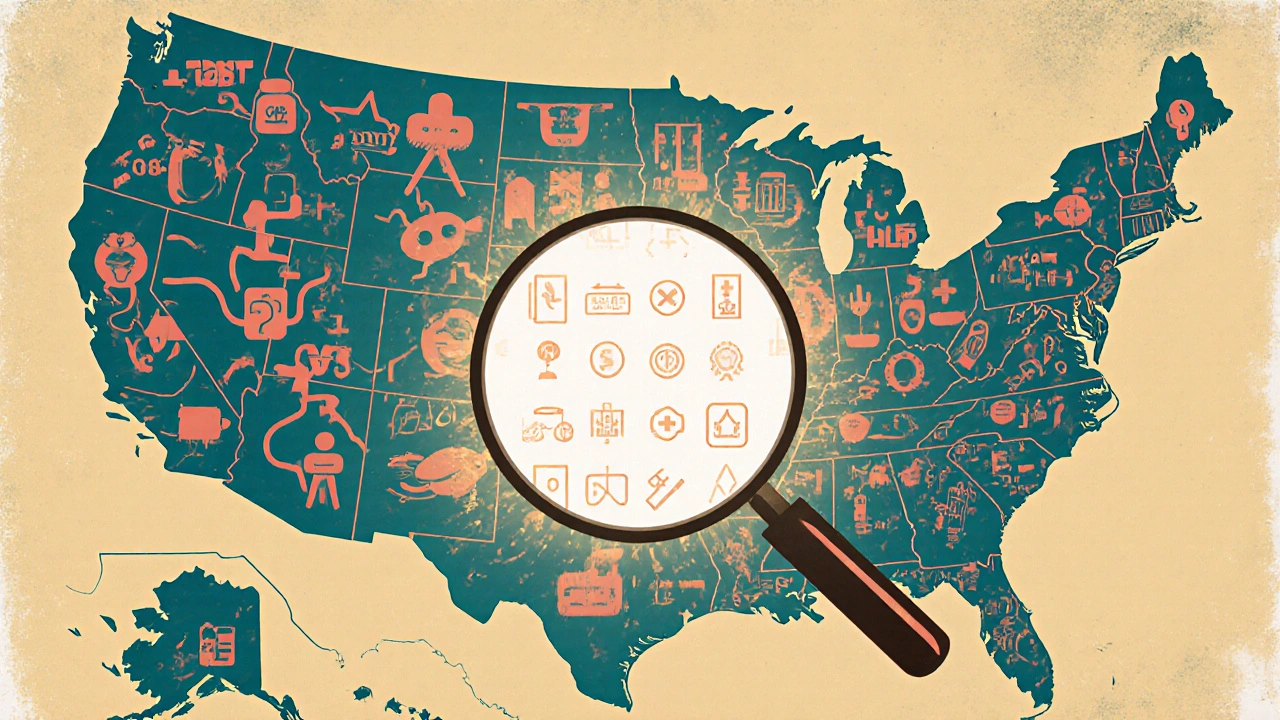 Chaotic map of U.S. pharmacies with conflicting warning icons, centering a clean set of standardized symbols.