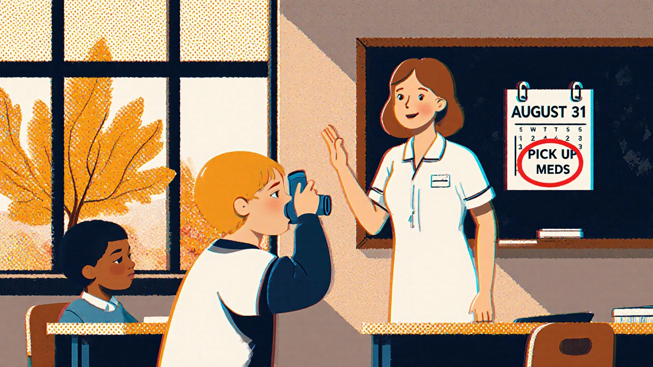 Child using inhaler at school as nurse watches, calendar shows August 31 deadline