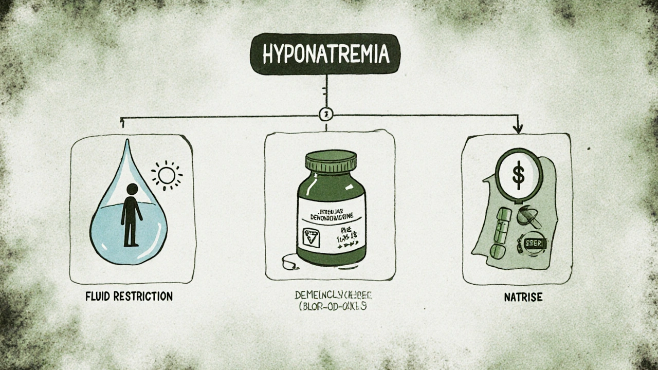 Comic-style decision tree for hyponatremia treatments: fluid restriction, demeclocycline, and Natrise.