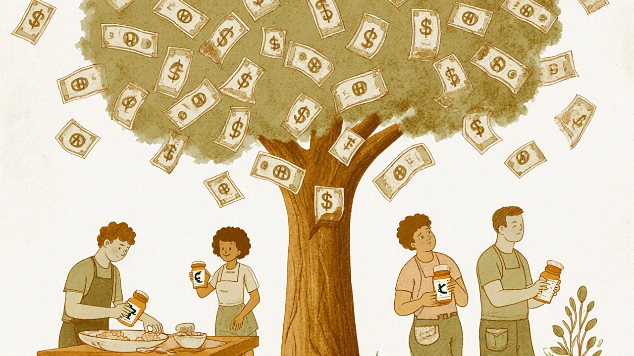 Diverse people in daily life with pill bottles, dollar bills rising into a tree made of prescription labels, symbolizing long-term savings.
