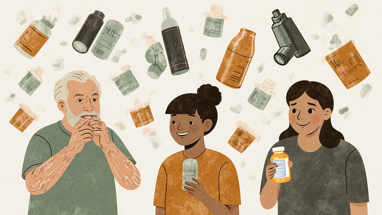 Diverse people taking a montelukast pill, with inhalers and sprays fading away as they breathe easily.