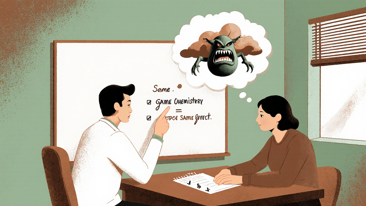 Doctor and patient at a clinic, whiteboard shows &#039;Same Chemistry = Same Effect&#039; with a scary pill thought bubble.