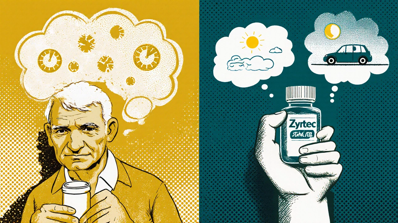 Elderly person confused by pill bottle vs. clear-headed person with non-drowsy allergy med
